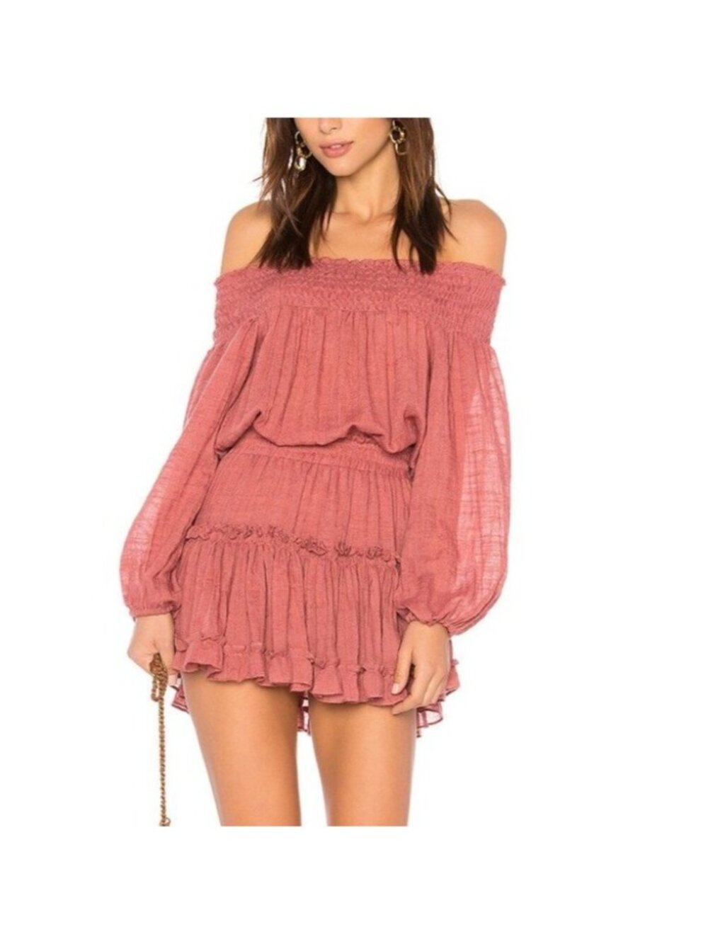 Misa Los Angeles Size S Pink Brick Darla Off The Shoulder Smocked Mini Dress